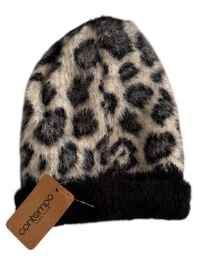 Contempo Leopard Print Faux Fur Beanie in Cream and Black